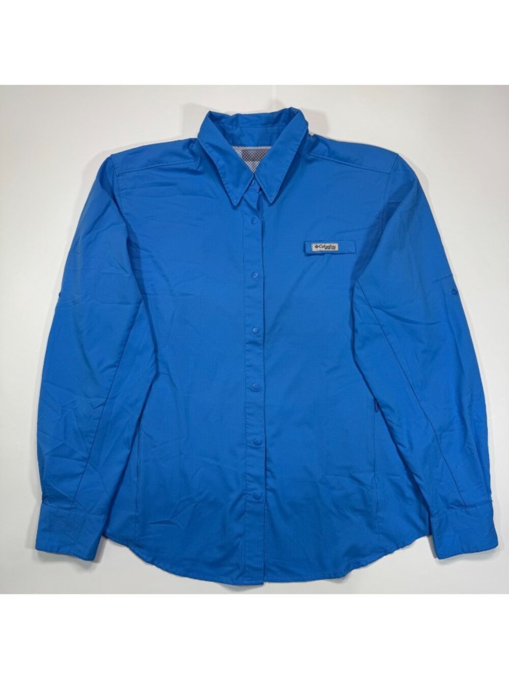 Columbia Omni-Shade PFG Shirt Women's M Blue Button-Up Roll Tab Sleeve Fishing